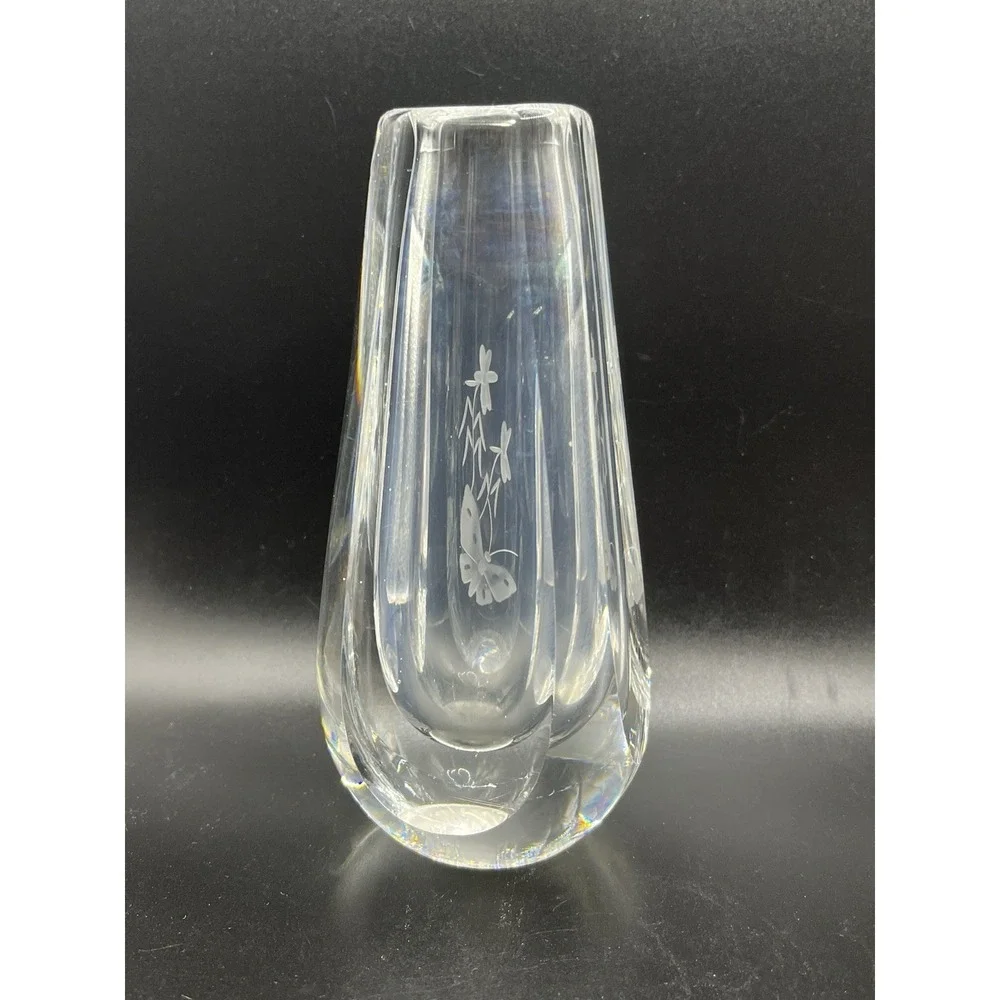 Orrefors Crystal Signed Bud Vase Etched Butterfly & Flowers‎ Design 6